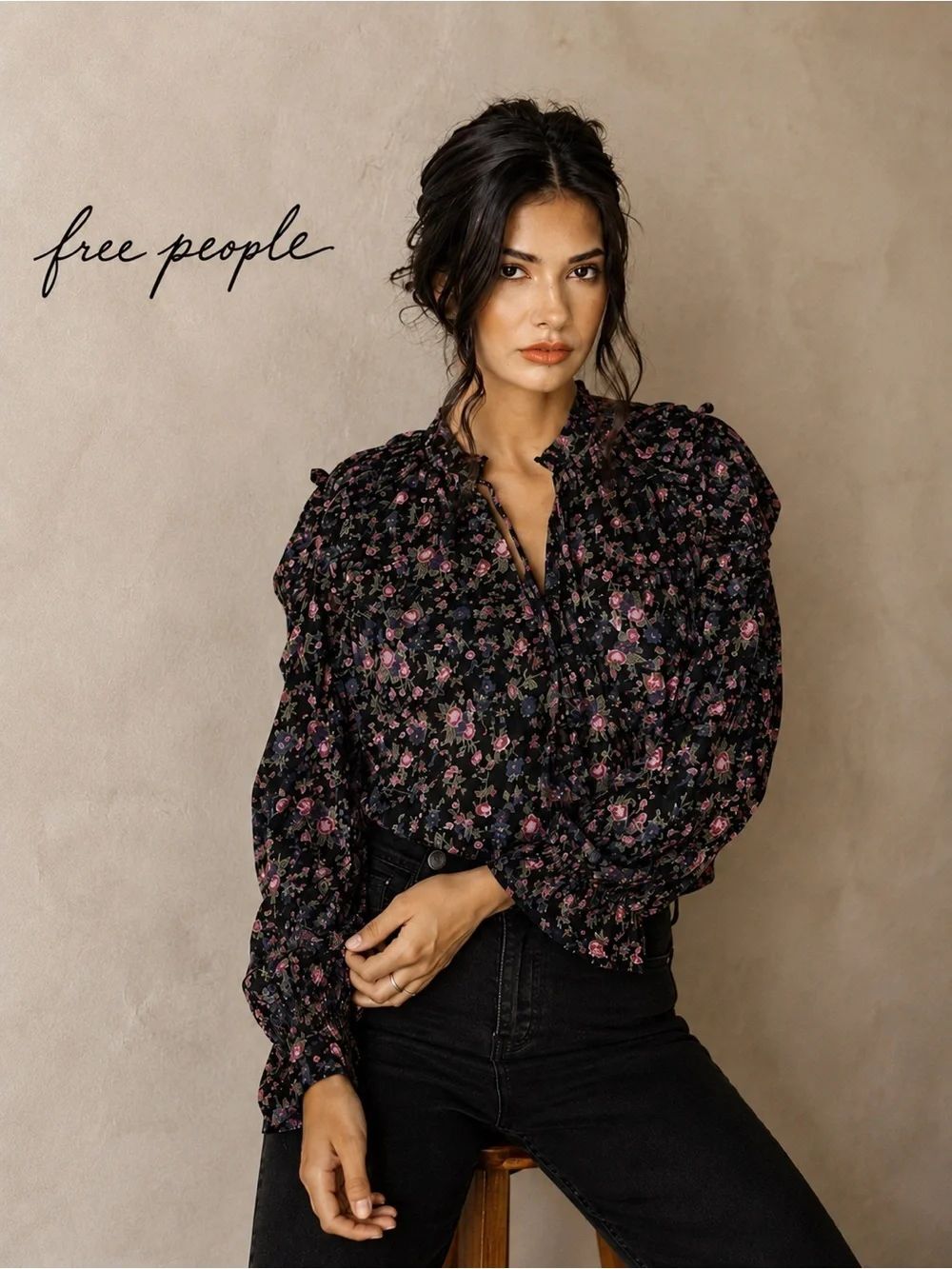 Free People Meant To Be Blouse – Black Rose Floral – XS